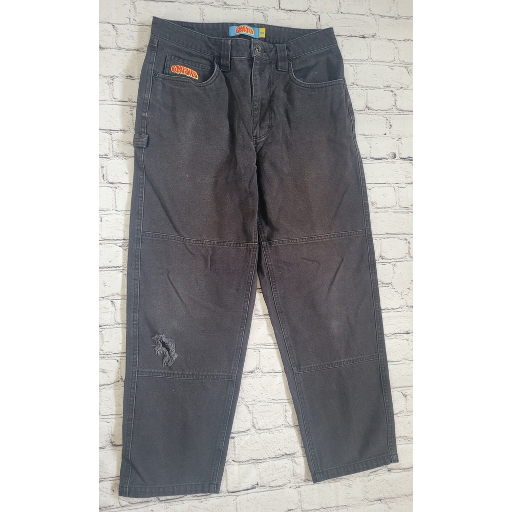 Empyre Relax Black Skate Jeans Mens 28 Double Knee Canvas Distressed Workwear